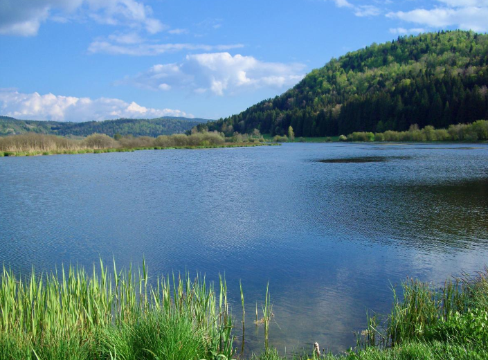 Étang ou lac entouré de collines verdoyantes.