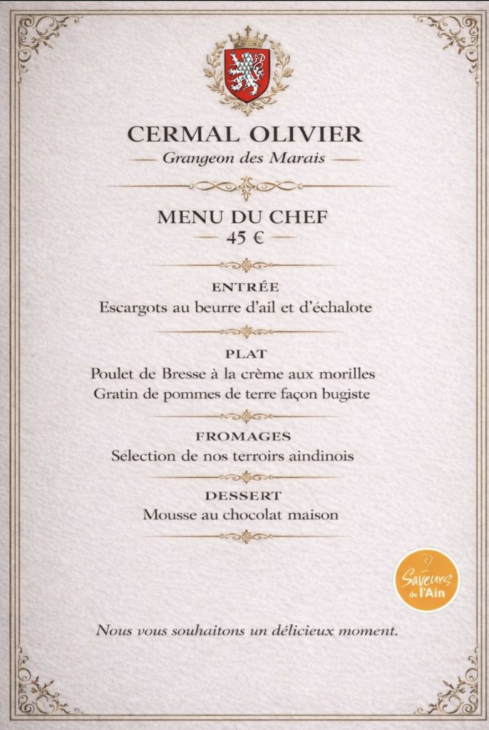Carte du menu du chef.
