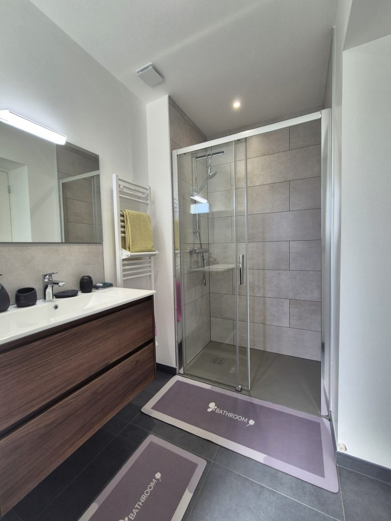 Salle de bain moderne avec douche et lavabo.