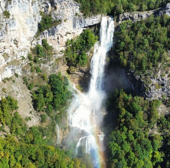 Cascade entourée de verdure.